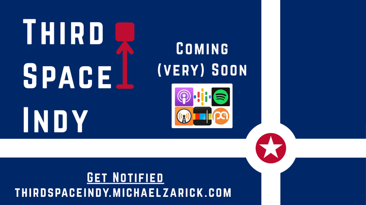 The logo for Third Space Indy. It's a modified flag of Indianapolis which the circle moved to the side and the words "Third Space Indy" printed with an arrow pointing at a red sqaure.
